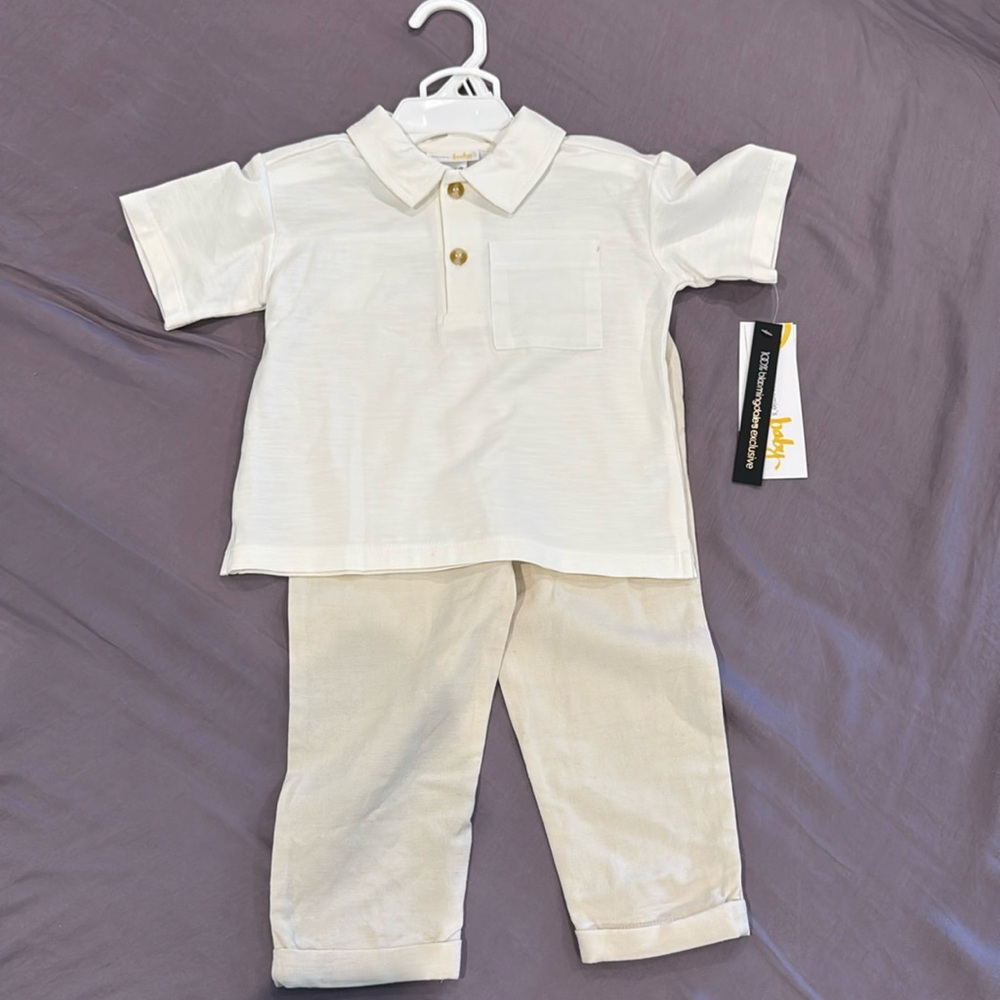 Bloomingdale’s two piece tan and white outfit